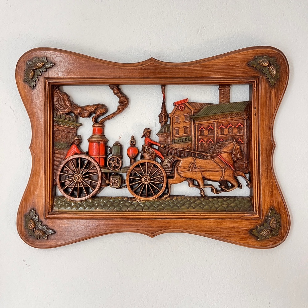 Vintage Burwood 3D Wood Wall Art Horse-Drawn Fire Engine 18” x 13” Retro Decor‎